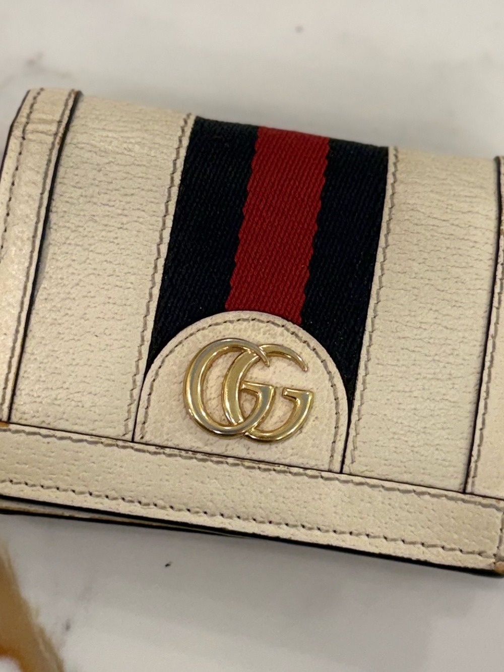 Gucci Cream Leather Mini Wallet with Red and Navy Web Stripe